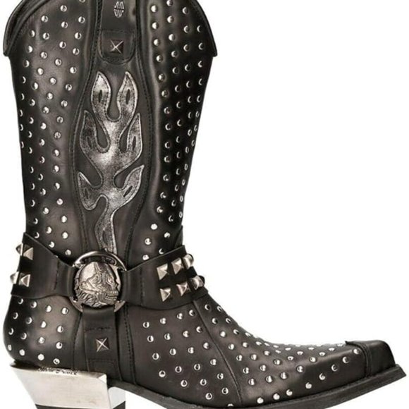 NEW ROCK M-7928-S1 Men's WESTERN COWBOY BOOTS Black Leather Heavy Biker SILVER S - Picture 2 of 4